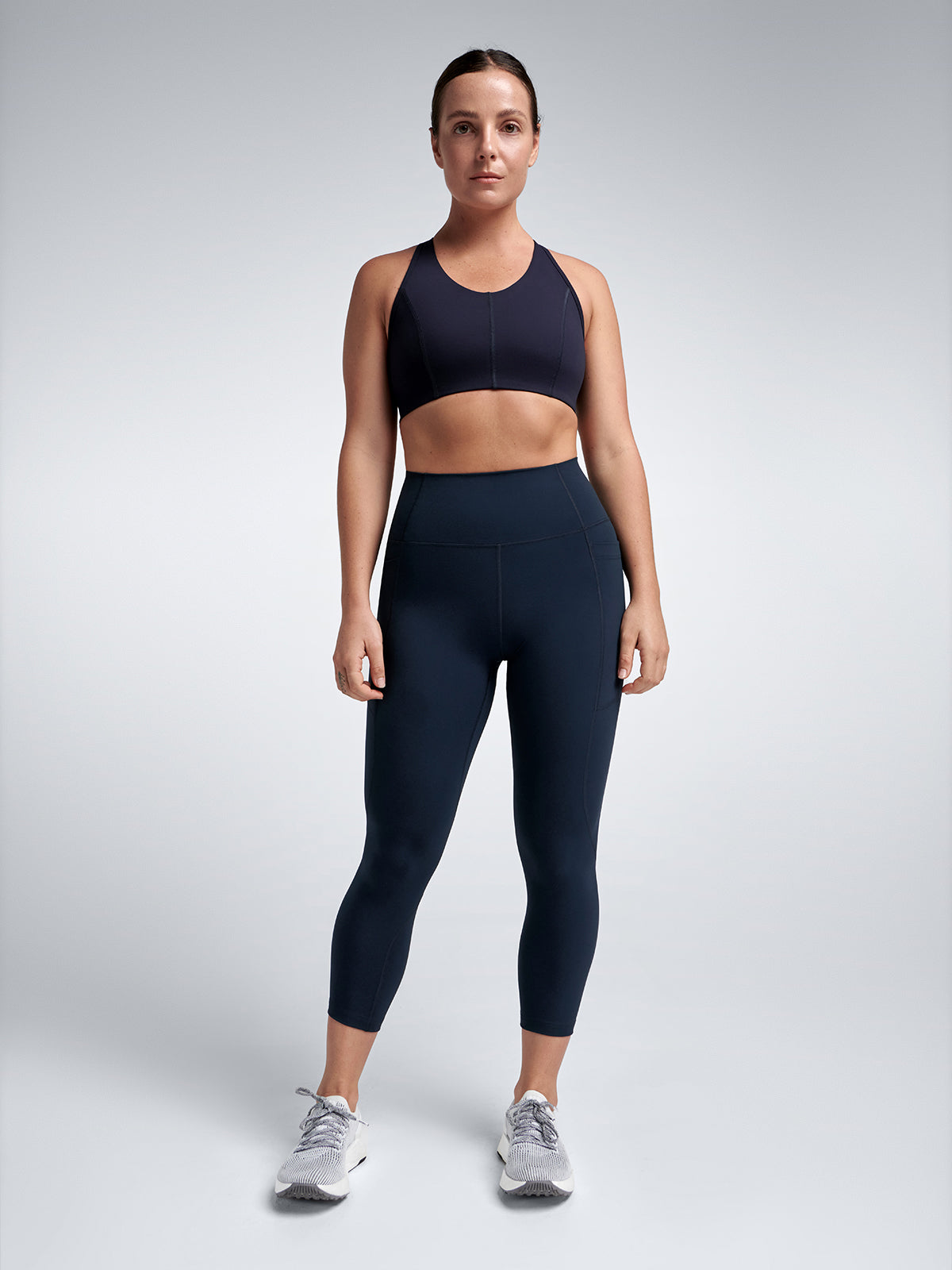 Womens femme fatale recycled navy blue sports bra 1
